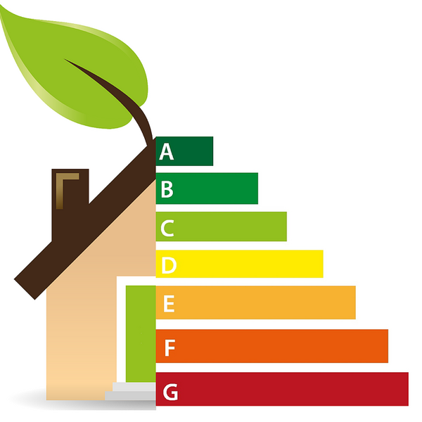 Grafische Haus-Skizze mit farbiger Energieeffizienzskala A–G