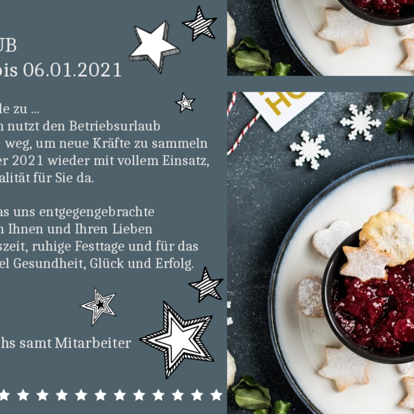 Weihnachtsgrußkarte mit Hinweis auf Betriebsurlaub und Gebäck