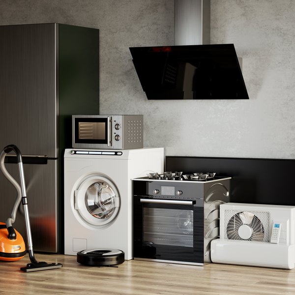 Verschiedene Haushaltsgeräte wie Kühlschrank, Waschmaschine und Herd nebeneinander.